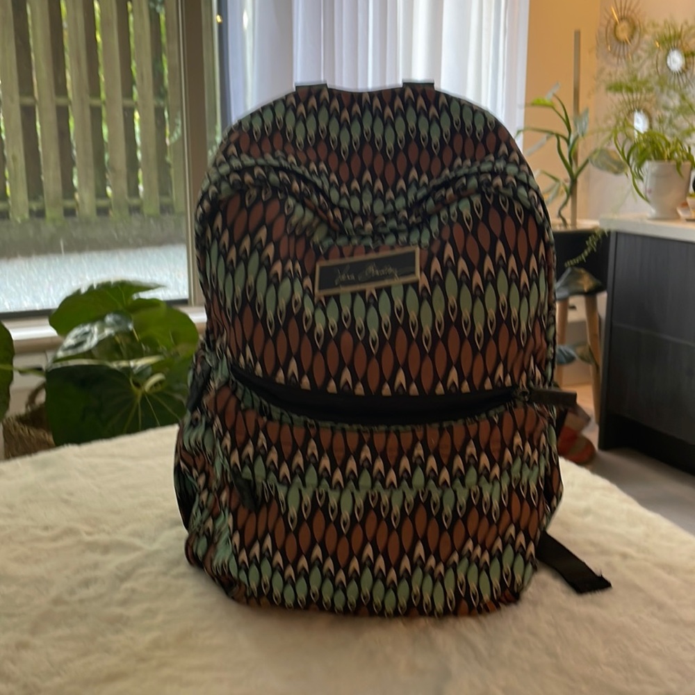 Vera Bradley back pack, medium sized, multi coloured in green, brown & beige.